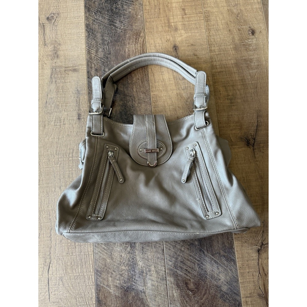 Slouchy Gray Nine West Faux Leather Shoulder Bag With Silver Hardware